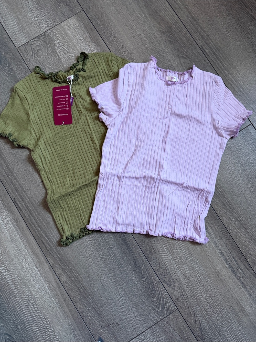 Girls Ribbed Lettuce-Edge Tee 2-Pack - Olive Green & Light Pink